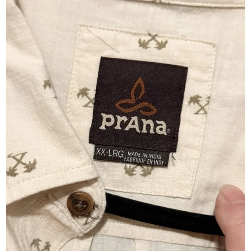 PRANA PALM TREE TROPICAL CAMP BUTTON FRONT Short‎ Sleeve SHIRT XXL Cream - Picture 3 of 4